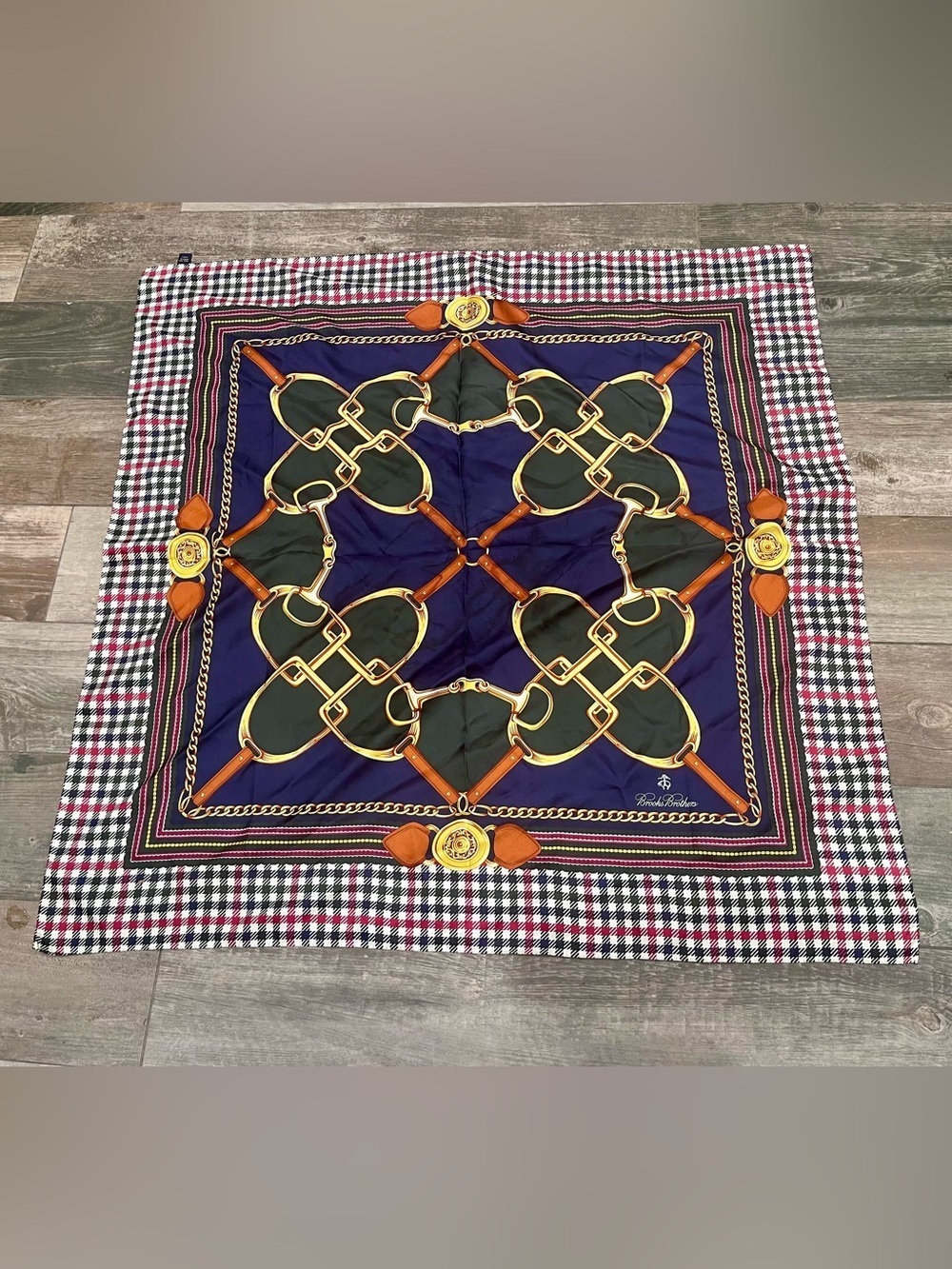 BROOKS BROTHERS 100% Silk Equestrian Scarf Made in Italy -34” Square Rolled Edge